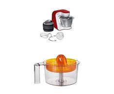 Bosch MUM54R00 Küchenmaschine StartLine Edelstahl-Rührschüssel, 3D Rührsystem, 7 Schaltstufen, 3,9 L, 900 W, tiefrot + Zitruspresse transparent mit orangem Presskegel