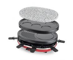 H.Koenig RP412 Raclette-Gerät 4 in 1 / 8 Personen / Raclette, Natursteingrill, Crepe-Platte und Grillplatte / mit 8 Pfännchen / 900 W / schwarz/rot