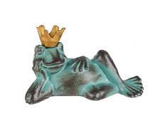 Relaxdays Gartenfigur Froschkönig, wetterfest, liegender Frosch, mit Krone, Dekofigur, Balkon, Gusseisen, Größe L, grün