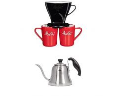 Melitta Kaffee-Set, Kaffeehalter für Filtertüten und Porzellan-Tassen + Handbrüh-Wasserkessel mit Schwanenhalsausguss