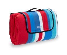 Relaxdays Picknickdecke Fleece, wasserdichte Outdoordecke, wärmeisoliert, Tragegriff, XXL 200x200 cm, rot-blau gestreift