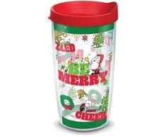 Tervis 1335800 Peanuts Holiday 2019 Thermobecher mit Wickelverschluss und rotem Deckel, Tritan, transparent Roter Deckel 16 oz - Tritan farblos