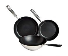 AmazonBasics - 3-teiliges Brat- und Wokpfannen-Set, Edelstahl, Induktions-geeignet, 24 und 28 cm Bratpfanne und 28 cm Wok, anti-haftend, mit bequemem Griff