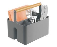 mDesign Aufbewahrungskorb für die Küche – tragbare Aufbewahrungsbox aus Kunststoff mit Holzgriff – mit 4 Fächern ideal als Besteck- und Serviettenhalter – grau und naturfarben