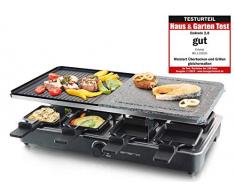 Emerio RG-110035 Raclette, 8 Personen, heißer Stein, regulierbare Temperatur, Naturstein-Platte, inkl 8 Pfännchen, Steingut, Schwarz