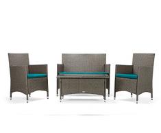 Rattan4Life Sitzgruppe Avignon, 4-teilig Deluxe Polyrattan Gartenmöbel Set, Sofa / Lounge / Gartengarnitur / Kissenbezüge, Rattan grau / braun, Bezug türkis