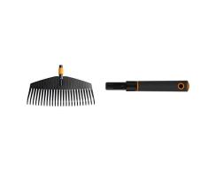 Fiskars Laubbesen, Werkzeugkopf, 25 Zinken, Breite 50 cm, Kunststoff-Zinken, Schwarz/Orange, QuikFit, 1000642 & Original Fiskars QuikFit Handgriff für QuikFit Handgeräte, Länge 30 cm, Schwarz/Orange