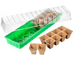 Connex Zimmer-Gewächshaus - 54 x 15 x 12 cm - für bis zu 16 Pflanzen - mit Vertiefungen & Wasserrinnen - Inklusive 16 Anzuchttöpfe / Anzuchthaus für Samen & Setzlinge / Zimmer-Treibhaus / FLOR79010