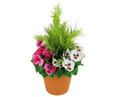 Greenbrokers Limited Kunstpflanze für die Terrasse, 60 cm, mit pinkfarbenen und weißen Stiefmütterchen und Konifer-/Zedernschnitt-Formschnitt, in terrakottafarbenem Blumentopf