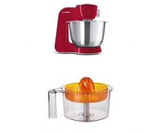 Bosch MUM58720 Küchenmaschine CreationLine, 1000 W, 3,9 l Edelstahl-Rührschüssel, 3D Rührsystem, 7 Schaltstufen, dunkle rot/silber + MUZ5ZP1 Zitruspresse transparent mit orangem Presskegel