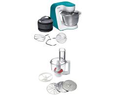 Bosch MUM54D00 Küchenmaschine StartLine (900 W, 3,9 L Edelstahl-Rührschüssel, einfaches Handling /Verstaulösung) dynamic blau + MUZ5MM1 Multimixer (Passend zu Küchenmaschinen MUM5) weiß/transparend