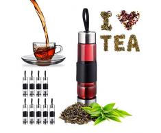 Relaxdays Teeflasche mit Sieb, Wasser, Tee, Smoothies, tragbare Trinkflasche, Glas, Edelstahl, 450 ml, silber/ schwarz