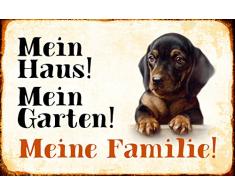 Schatzmix Mein Haus! Mein Garten! Meine Familie! Dackel Hund Metal Sign deko Schild Blech Garten