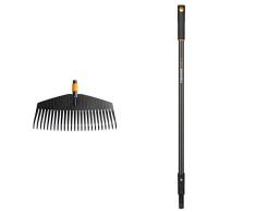 Fiskars Laubbesen, Werkzeugkopf, 25 Zinken, Breite 50 cm, Kunststoff-Zinken, Schwarz/Orange, QuikFit, 1000642 & Stiel Graphit für QuikFit Werkzeugköpfe, Länge 84 cm, Aluminium, Schwarz/Orange,QuikFit