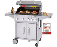 Profi Cook PC-GG 1181 Gasgrill inkl. Temperaturanzeige, Brenner + zusätzliche Kochstelle (4+1), 4 Heizzonen für indiv. Temperatursteuerung, großer Stauraum für 5 kg-Gasflaschen, Edelstahl, Silber