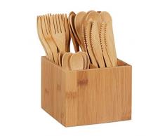 Relaxdays 10024596 Bambus Besteck Set, je 10 x Messer, Gabel, Löffel & Teelöffel, Besteckhalter, wiederverwendbar, 41-TLG, Natur