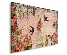 Feeby, Leinwandbild, Bilder, Wand Bild, Wandbilder, Kunstdruck 50x70cm, VINTAGE, FRANKREICH, BLUMEN, VÃGEL, ROSA, GRAU