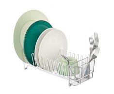 mDesign Abtropfgestell aus Metall – Abtropfablage für die Küchentheke, Arbeitsplatte oder Spüle – mit dreiteiligem Besteckhalter aus Kunststoff – weiß/durchsichtig