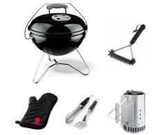 Weber Smokey Joe Premium Holzkohlegrill, schwarz + Grillbürste + Anzündkamin + Grillbesteck + Grillhandschuhe