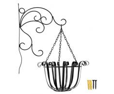 Lewondr Eisen Blumenampel + Haken Set, Metall Blumentöpfe Hängeampel Pflanzenaufhänger Pflanze Halterung Hängekörbe für Pflanzen Blumen Garten Terrasse Balkon Dekor Außen - Schwarz