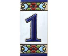 Hausnummer. Schilder mit Zahlen und Nummern auf Keramikkachel. Handgemalte Kordeltechnik fuer Schilder mit Namen, Adressen und Wegweisern. Design FLORES MINI 7,3 cm x 3,5 cm (Nummer EINS1)
