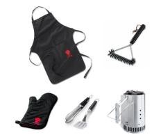 Weber 6474 Grillschürze, schwarz mit rotem Kettle Grill + Grillbürste + Anzündkamin + Grillbesteck + Grillhandschuhe