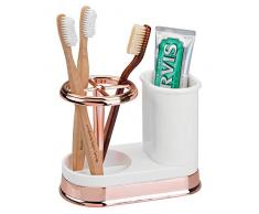 mDesign Zahnbürstenhalter - hochwertiger Zahnputzbecher aus Kunststoff für Waschbecken oder Badschrank - praktische Halterung für Zahnbürsten und Zahnpasta - weiß und rotgold