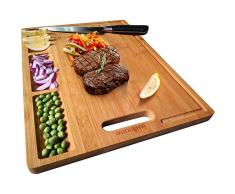 HHXRISE Bio-Bambus-Schneidebrett für Küche, mit 3 integrierten Fächern und Saftrillen, robustes Schneidebrett für Fleisch, Brot, Obst, Metzgerblock, Tranchierbrett, BPA-frei Large (17x12.6) gelb