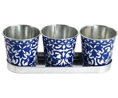 Fallen Fruits Portuguese 3 POTS ON Tray Dekorative Töpfe auf Tablett, ideal für Kräuter, blau/weiß