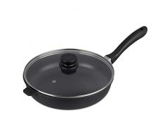 Relaxdays Schmorpfanne mit Glasdeckel, antihaftbeschichtet, Gusspfanne zum Aufhängen, 29 cm Ø, Aluminium, dunkelgrau