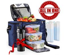 Lunchtasche / Box für Männer, Frauen + 3 große Lebensmittelbehälter (45 oz) + 2 große wiederverwendbare Kühlakkus + Schultergurt + Shaker mit Aufbewahrung. Isolierte Lunchbox Kühltasche Portionskontroll-Set für Erwachsene