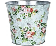 Esschert Design Blumentopf mit Rosendruck, Ø 15,9 x 14,2 cm, Pflanztopf aus verzinktem Stahl, innen hochglänzende Optik