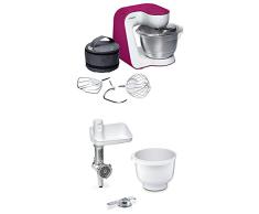 Bosch MUM54P00 Küchenmaschine StartLine, weiß / wild purple + MUZ5BS1 Lifestyle Set BakingSensation mit Spritzgebäckvorsatz, Rührschüssel, Fleischwolf, weiß