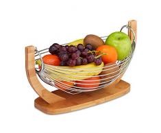 Relaxdays Obsthängematte, Bambus und Edelstahl, Gitter Design, Deko Obstschale, HxBxT: 18,5 x 38 x 23 cm, natur/silber