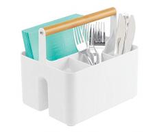 mDesign Aufbewahrungskorb für die Küche – tragbare Aufbewahrungsbox aus Kunststoff mit Holzgriff – mit 4 Fächern ideal als Besteck- und Serviettenhalter – weiß und naturfarben