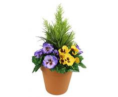 Greenbrokers Limited Kunstpflanze für die Terrasse, 60 cm, mit gelben und violetten Stiefmütterchen und Konifer-/Zedernholzschnitt-Formschnitt, in terrakottafarbenem Blumentopf