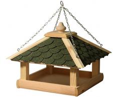 dobar 44256e Klassisches Vogelhaus aus Holz (Kiefer) für Garten, Balkon, mit grünen Bitumenschindeln, stabiler Metallkette zum Aufhängen - Vogelhäuschen Vogel-Futterhaus