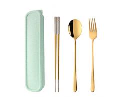 Tragbares Reisebesteck 3 Stück Löffel Gabel Essstäbchen Set 18/10 Edelstahl mit Etui und Tasche für Schule, Arbeit, Büro, Mittagessen gold