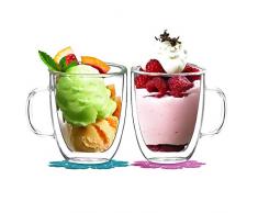 Boqo Glasbecher, doppelwandige Glas-Kaffeetassen, Glasgeschirr-Trinkgläser, Set mit 2 isolierten Trinkgläsern mit Griff (350 ml Wassergläser)