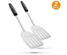 Ram-Pro Pfannenwender aus Edelstahl, rostfrei, hitzebeständig, ergonomischer Gummigriff, langer Griff, rutschfest, Schlitz, Pfannkuchenwender, Kochlöffel für die Küche, 2 Stück