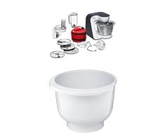 Bosch MUM50E32DE Küchenmaschine StartLine, 800 W, 3,9 L Edelstahl-Rührschüssel, umfangreiches Zubehör, weiß / anthrazit + MUZ5KR1 Kunststoff-Rührschüssel für Küchenmaschine Mum5
