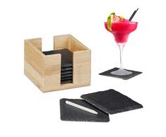 Relaxdays Schiefer Untersetzer im 8er Set, Glasuntersetzer mit Bambusbox, Kreide zum Beschriften, eckig, 10x10 cm, natur