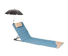Meerweh Strandmatte XXL mit Lehne & Schirm Strandliege Isomatte Picknickdecke ca. 200x60cm Sonnenliege, beige/blau, 200 x 60 x 68 cm