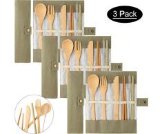Bambus-Besteck-Set, wiederverwendbares Bambus-Utensilien inklusive Messer, Gabel, Löffel, Essstäbchen, wiederverwendbarer Strohhalm für Reisen, Picknick, Büro, Schule, 3 Stück lichtgrün