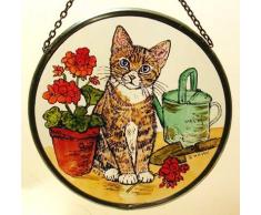 Celtic Glass Designs Dekorativer handbemalter Sonnenfänger, Glasmalerei, Motiv Kätzchen und Geranie