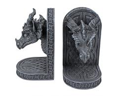 Design Toscano Grauer Mönch Buchstützen mit Drachen, 11,5 x 4 x 19 cm