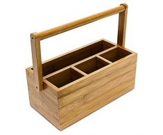 Relaxdays Schreibtischorganizer aus Bambus H x B x T: ca. 20 x 25 x 11,5 cm Stiftehalter mit 4 Fächern und Henkel zum Tragen als Aufbewahrungsbox und Schreibtischbutler Stiftebox aus Holz, natur