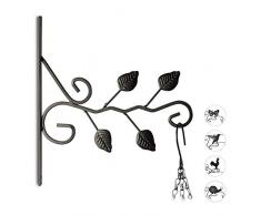 Relaxdays Blumenhaken mit Blätter-Motiv, Halter für Wand, Pflanze, Blumenampel, Garten, HxBxT: 30,5 x 28 x 2 cm, schwarz