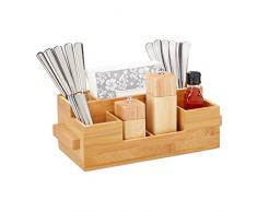 Relaxdays Besteckhalter Bambus, 7 Fächer, Tisch Menage für Servietten, Besteck, Öl, Gewürze, HBT 11,5 x 35 x 15cm, natur