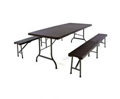 Nexos GM34544_SL2 Gartengarnitur 1 Partytisch 2 Bänke klappbar Rattan-Optik Bierzeltgarnitur braun Set Festzelt Campingset Klapptisch robust Wetterfest,